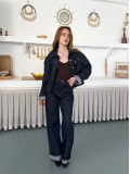Kontrast Dikiş Detaylı Denim Takım Lacivert