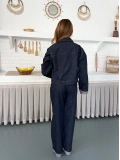 Kontrast Dikiş Detaylı Denim Takım Lacivert