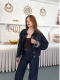 Kontrast Dikiş Detaylı Denim Takım Lacivert