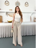 Kemerli Yüksek Bel Bol Paça Pantolon Bej