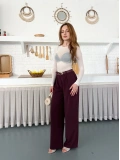 Kemerli Yüksek Bel Bol Paça Pantolon Mürdüm