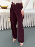 Kemerli Yüksek Bel Bol Paça Pantolon Mürdüm