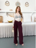 Kemerli Yüksek Bel Bol Paça Pantolon Mürdüm