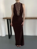 Dantel Detaylı Drapeli Couture Gece Elbisesi Kahve
