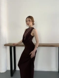 Dantel Detaylı Drapeli Couture Gece Elbisesi Kahve