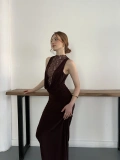 Dantel Detaylı Drapeli Couture Gece Elbisesi Kahve