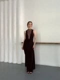 Dantel Detaylı Drapeli Couture Gece Elbisesi Kahve