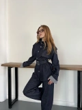Kemerli Düğme Detaylı Yüksek Yaka Denim Takım Lacivert