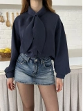 Fular Yaka Detaylı Oversize Gömlek Lacivert