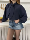 Fular Yaka Detaylı Oversize Gömlek Lacivert
