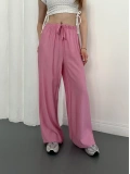Çilek Kumaş Yüksek Bel Rahat Kalıp Pantolon Pembe