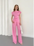 Omuz Vatkalı Asimetrik Kesim Takım Pembe