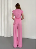 Omuz Vatkalı Asimetrik Kesim Takım Pembe