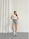 Yıkamalı Yırtık Desenli Denim Şort Mavi