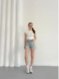 Yıkamalı Yırtık Desenli Denim Şort Mavi