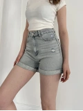 Yıkamalı Yırtık Desenli Denim Şort Mavi