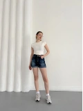 Yıkamalı Yırtık Desenli Denim Şort Lacivert