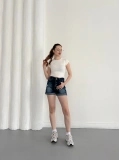 Yıkamalı Yırtık Desenli Denim Şort Lacivert