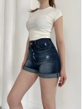 Yıkamalı Yırtık Desenli Denim Şort Lacivert