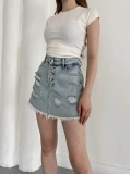 Yıkamalı Düğme Detaylı Denim Etek Mavi