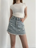 Yıkamalı Düğme Detaylı Denim Etek Mavi