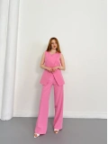 Bel Kemerli Asimetrik Kesim Yelekli Takım Pembe