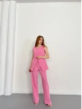 Bel Kemerli Asimetrik Kesim Yelekli Takım Pembe