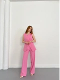 Bel Kemerli Asimetrik Kesim Yelekli Takım Pembe