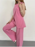 Bel Kemerli Asimetrik Kesim Yelekli Takım Pembe