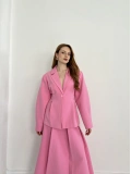 Kruvaze Yaka Ceket-Etek Takım Pembe