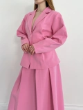 Kruvaze Yaka Ceket-Etek Takım Pembe