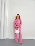 Bürümcük Bel Bağlamalı Kruvaze Yaka Tasarım Takım Pembe