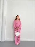 Bürümcük Bel Bağlamalı Kruvaze Yaka Tasarım Takım Pembe