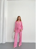 Bürümcük Bel Bağlamalı Kruvaze Yaka Tasarım Takım Pembe