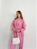 Bürümcük Bel Bağlamalı Kruvaze Yaka Tasarım Takım Pembe