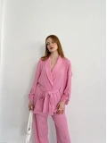 Bürümcük Bel Bağlamalı Kruvaze Yaka Tasarım Takım Pembe