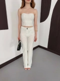 Çizgi Detaylı Crop - Pantolon Takım Beyaz