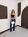 Çizgi Detaylı Crop - Pantolon Takım Lacivert