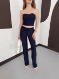 Çizgi Detaylı Crop - Pantolon Takım Lacivert
