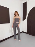 Çizgi Detaylı Crop - Pantolon Takım Gri