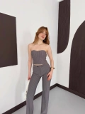 Çizgi Detaylı Crop - Pantolon Takım Gri