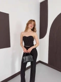 Çizgi Detaylı Crop - Pantolon Takım Siyah