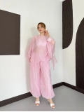 Uçuşan Pelerin Bluz-Pantolon Takım Pembe