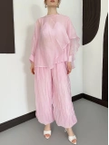 Uçuşan Pelerin Bluz-Pantolon Takım Pembe
