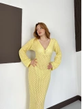 Pencere Detaylı Ajurlu Triko Elbise Sarı