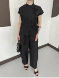 Poplin Bağlama Detaylı Bluz-PAntolon Takım Siyah