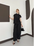 Poplin Bağlama Detaylı Bluz-PAntolon Takım Siyah