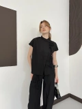 Poplin Bağlama Detaylı Bluz-PAntolon Takım Siyah