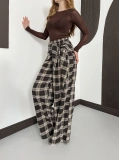 Ekose Desen Fularlı Keten Pantolon Kahve