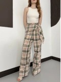Ekose Desen Fularlı Keten Pantolon Haki-Turuncu